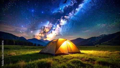 high resolution photo of a glowing tent under starry night sky in open field, Milky Way visible, long exposure effect