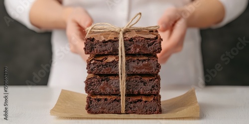 National brownie day with homemade chocolate idea. Deliciously wrapped homemade brownies on a plate.