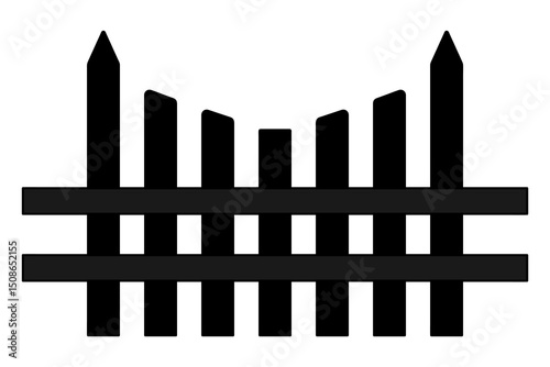Wooden fence made of boards decreasing in height to the center. Silhouette. The fence is fastened from the outside with two horizontal boards. Vector illustration. Isolated white background. 