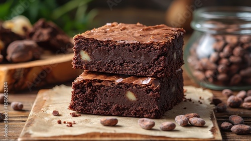 National brownie day with homemade chocolate idea. Delicious chocolate brownies on a rustic wooden table.