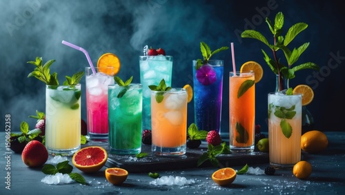 Alcohol free cocktails, cold drinks, colorful beverages, detox drinks, natural mint, fresh fruits photo