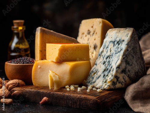 Assorted cheeses on a wooden board with oil bottle and nuts.