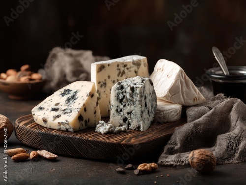 Assorted cheeses on a wooden board with nuts and a dark background.