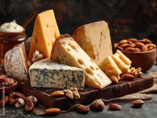 Assorted cheeses almonds and a small pot on a wooden board.