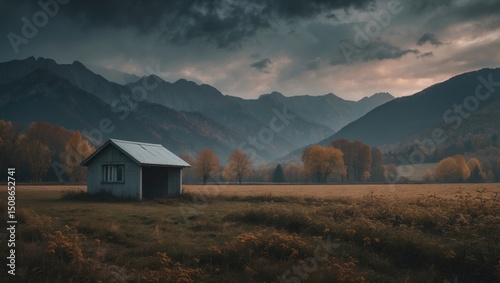 A small outbuilding set against the mountains with an autumn field in the background. The scene features mountains, the field in fall, and a tiny structure.