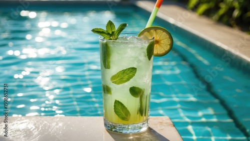 A sparkling mint fruit cocktail in a glass near a swimming pool, summer alcohol-free drink, with space for text.