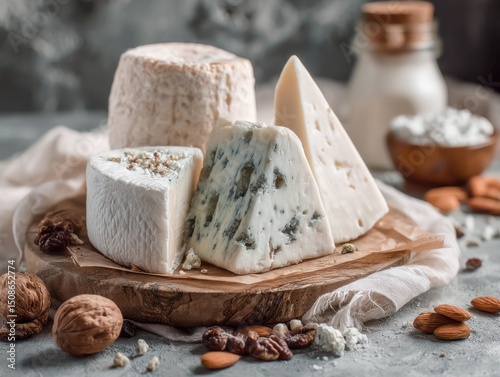 Various cheeses on a wooden board with nuts and a bottle in background.