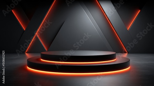 Black podium platform illuminated with red light against a dark background.