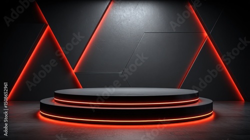 Dark stage with red neon lights for product display or presentation.