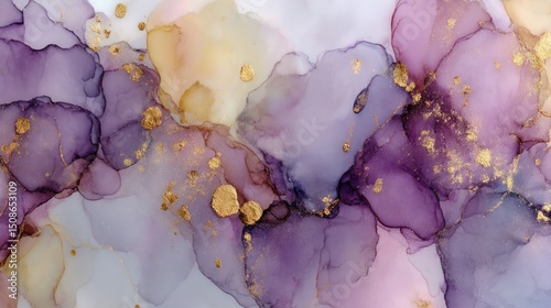 Abstract fluid art with purple yellow and gold hues creating a dreamy effect.