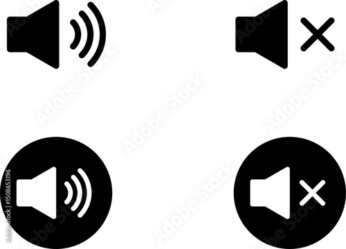 Black and White Flat Audio Control Sign Speaker Symbol Icon Sound On Off UI Button Set. Vector Image.