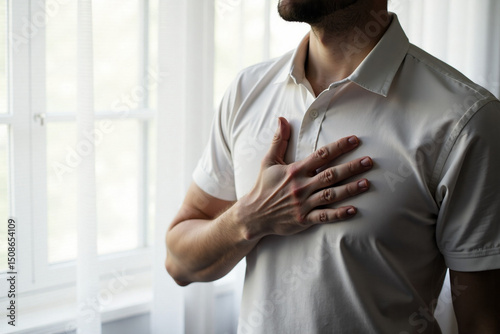 Man placing hand on chest while standing by window indoors  