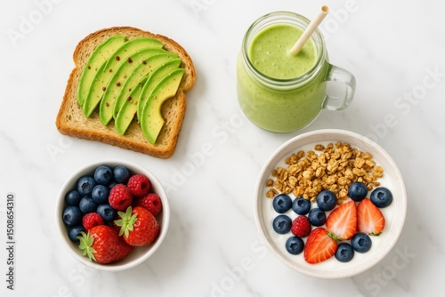 Healthy morning spread with avocado toast, berry yogurt bowl, and green smoothie