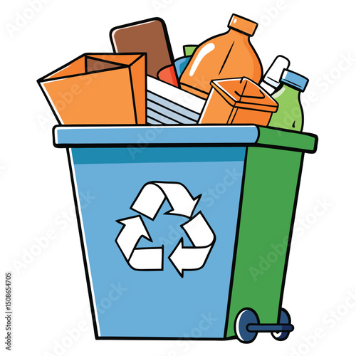 Recycling bin overflowing with sorted paper and plastic
