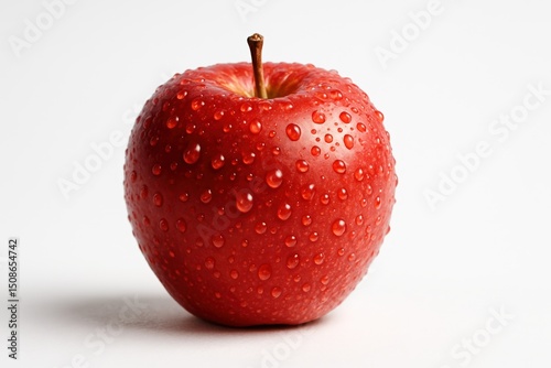 Fresh dewy red apple with water droplets on white background for health and nutrition concepts