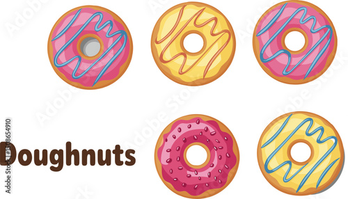 Delicious colorful doughnuts with pink and yellow icing and blue drizzle, assorted sweet treats illustration with text doughnuts