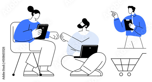 Three people interacting one seated with a tablet, another sitting with a laptop, and one standing near a shopping cart. Ideal for teamwork, collaboration, ecommerce, technology, strategy, planning