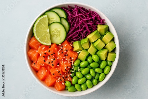Vibrant and healthy salmon poke bowl with avocado, edamame, and fresh vegetables