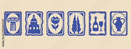 Italy summer travel stamp letter frame set, hand drawn vacation borders silhouette postal emblem. Traditional Mediterranean monograms cadres kit, minimalist poster. Isolated. Vector illustration