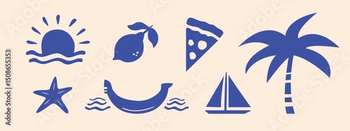 Italy summer travel icon set, hand drawn vacation symbols silhouettes. Traditional Mediterranean signs cadres kit, minimalist poster collection. Isolated. Vector illustration