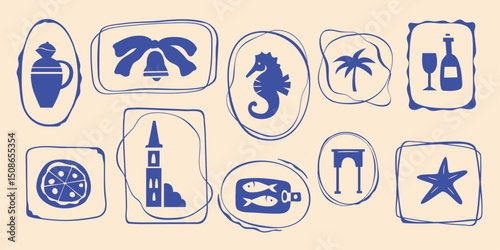 Italy summer travel stamp letter frame set, hand drawn vacation borders silhouette postal emblem. Traditional Mediterranean monograms cadres kit, minimalist poster. Isolated. Vector illustration