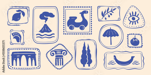 Italy summer travel stamp letter frame set, hand drawn vacation borders silhouette postal emblem. Traditional Mediterranean monograms cadres kit, minimalist poster. Isolated. Vector illustration