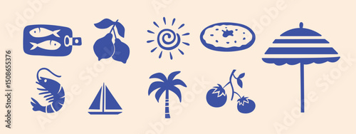 Italy summer travel icon set, hand drawn vacation symbols silhouettes. Traditional Mediterranean signs cadres kit, minimalist poster collection. Isolated. Vector illustration