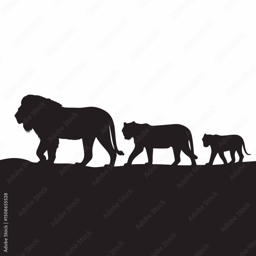 Naklejka premium Silhouette family of lions walking together vector illustration african wildlife safari design concept art