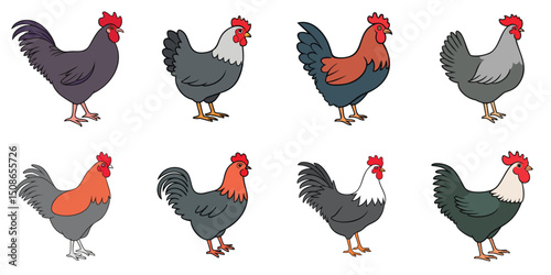 Vector illustration of multiple chickens, outline