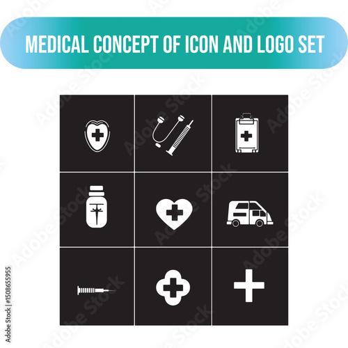 Black and white solid medical icons featuring a stethoscope, syringe, hospital, cross symbol, pill, ambulance, heart rate, thermometer, and first aid kit. Clean, simple design 