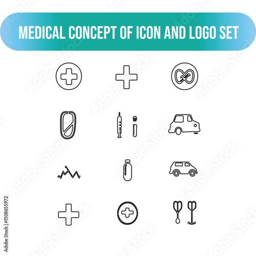 Black and white solid medical icons featuring a stethoscope, syringe, hospital, cross symbol, pill, ambulance, heart rate, thermometer, and first aid kit. Clean, simple design 