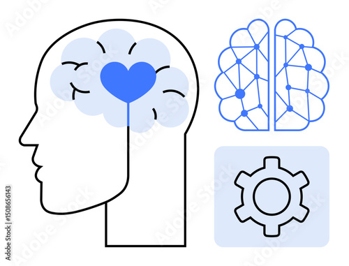 Human head outline with brain, heart, gear, and neural pattern emphasizing connection between emotions, technology, and cognition. Ideal for AI, mental health, psychology innovation