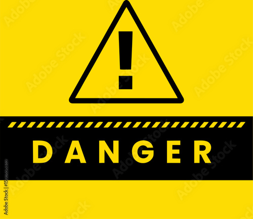 Vector illustration of a warning danger sign featuring a bold exclamation mark inside a triangle and the word 'DANGER' in capital letters on a high-contrast yellow and black background