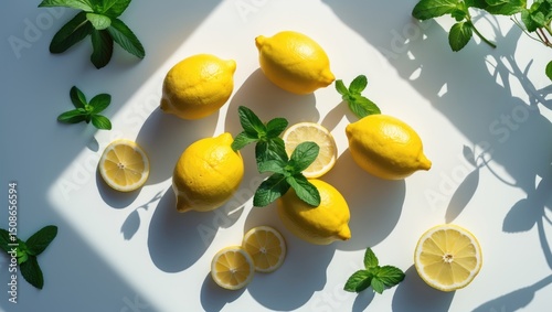 Fresh yellow lemons with mint on minimal background on bright sunlight with hard shadows pattern summer background flat lay from above, citrus food composition, space for text. photo