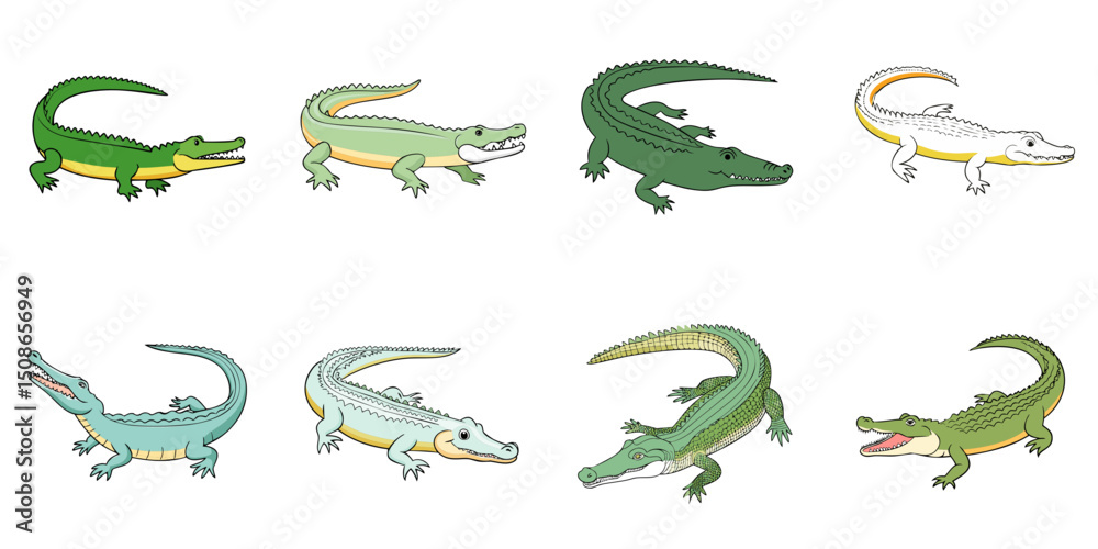Fototapeta premium Multiple alligator vector illustrations, outlines
