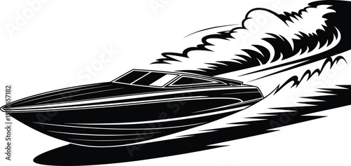 Speedboat Line Art on Waves Vector for Marine and Nautical Design.