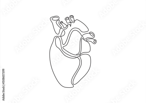 Heart continuous line drawing, isolated vector illustration, human heart small tattoo, print and logo design, single line on white background. 