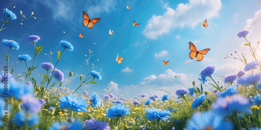 Floral Spring Natural Blue Background with fluffy airy flowers on meadow and fluttering butterflies on blue sky background. Dreamy gentle air artistic image. Soft focus with empty copy space for text