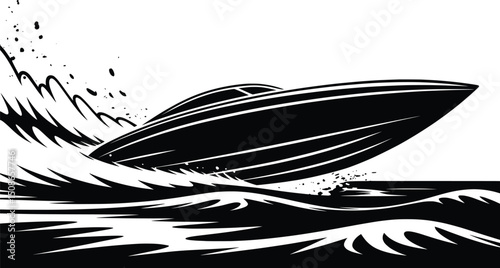 Speedboat Line Art on Waves Vector for Marine and Nautical Design.