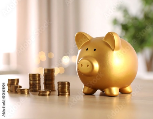 Golden piggy bank and coins