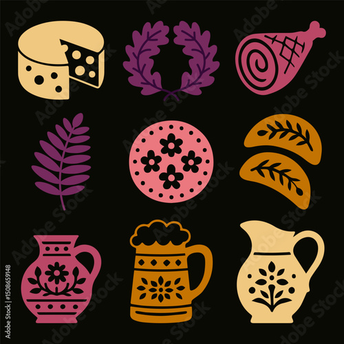 Ligo Midsummer Icons – Dark Folk Edition. Includes oak wreaths, fern, cheese, beer, meat and stylized floral motifs. Fresh look to ancient Latvian midsummer traditions. 