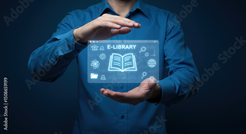 Man in Blue Presenting Digital E-Library with Educational Icons, Concept for Online Learning and Resource Management