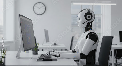 Robot is coding in a modern office setting, with a focus on advanced technology and digital transformation, no people.