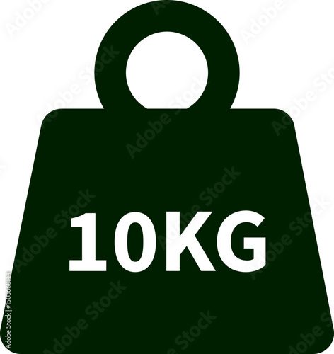 Weight with kilogram label icon. Iron dumbbell symbol isolated on transparent background. Metal weight of heavy mass sign symbol. Simple 10KG measurement vector sign.