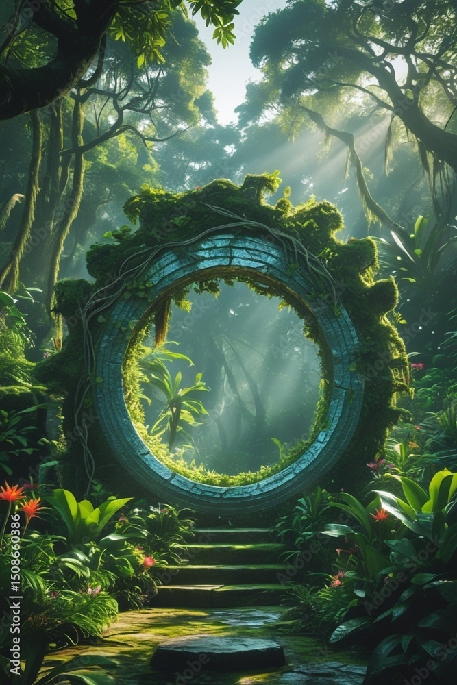 Obraz premium The circular stone portal leads to the lush green jungle.