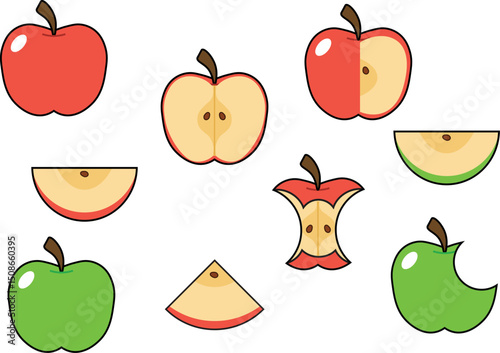 Set of fresh red and green apple fruit icons, vector illustration of apple fruit, apple icons for web, banner and advertising needs