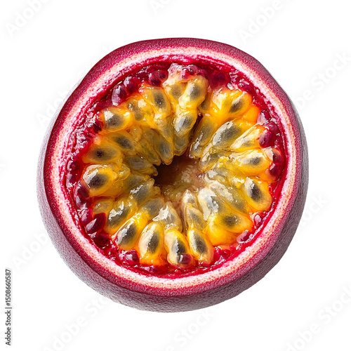 Top view of single passion fruit isolated on a white transparent background