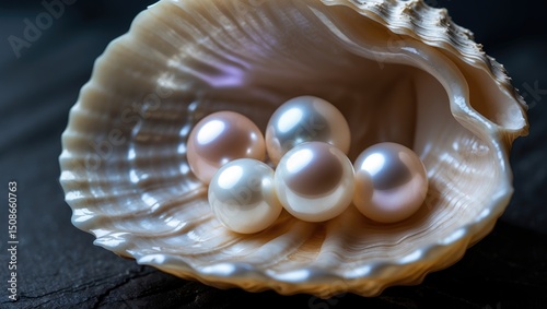 Closeup and selective focus on cultured pearls within a shell.