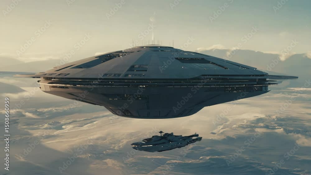 Top-down view of a stealth space station camouflaged within the rings of Saturn, with shimmering ice particles bouncing off its outer shell as a patrol ship flies past