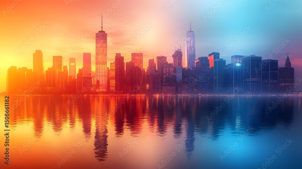 Fototapeta premium Stunning Cityscape Skyline Reflecting on Water at Sunset